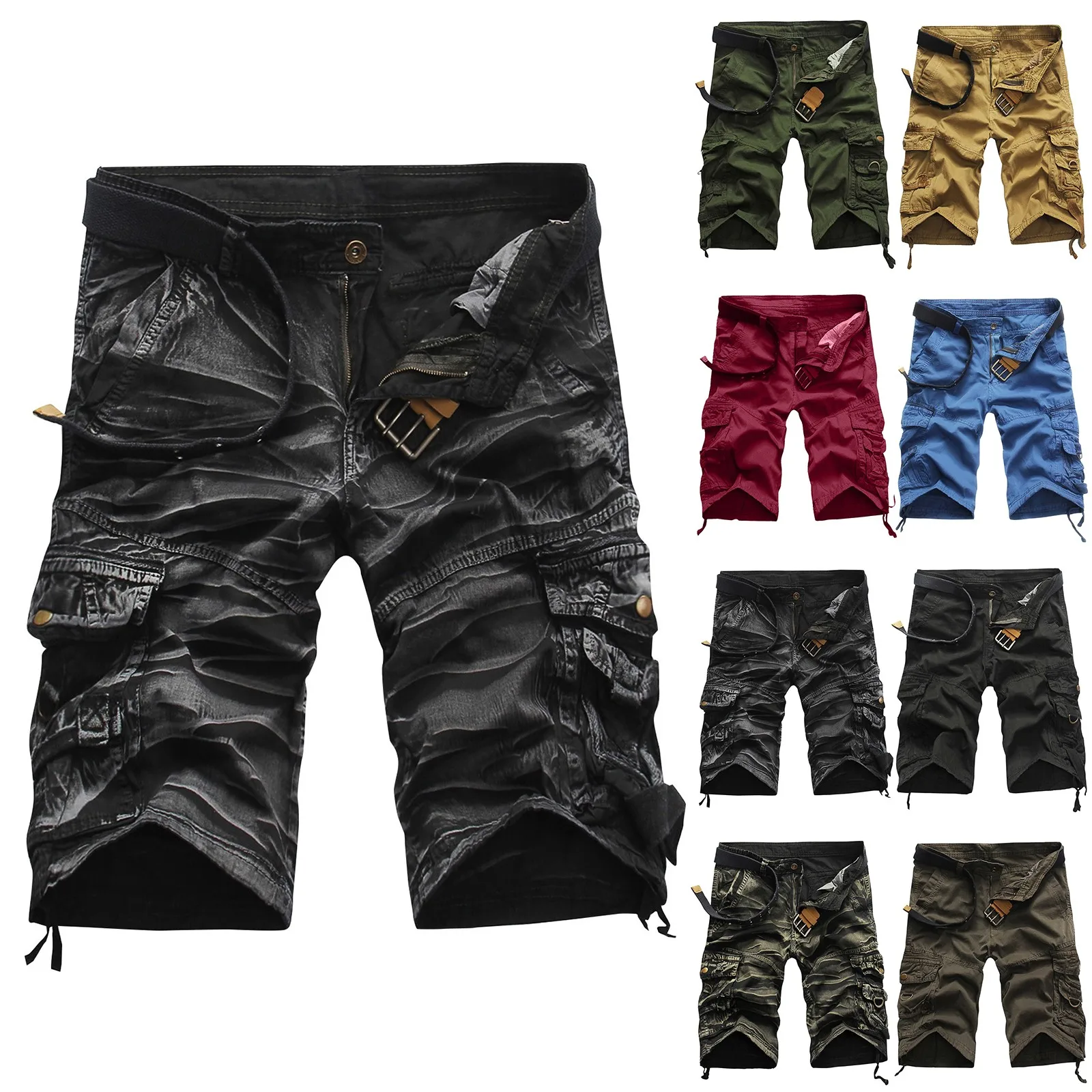 Sommer-Cargo-Shorts für Herren, Herren-Shorts mit mehreren Taschen, einfarbig, lässige Mode-Cargo-Shorts (ohne Gürtel), Ropa Hombre