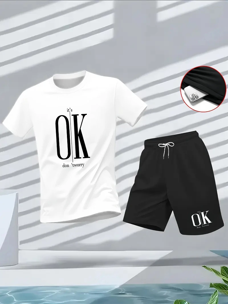 

Новые комплекты футболок «Не волнуйся, все в порядке» с 3D-принтом, короткий рукав, для активного отдыха, фитнеса, спорта, 2 предмета, летняя повседневная одежда