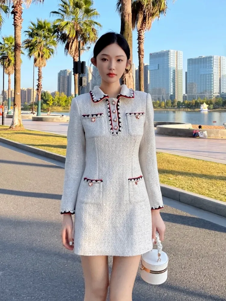 Office Ladies Slim Fit Elegant Tweed Dress Long Sleeve Spring Autumn Short A-Line Dresses Lapel High Waist Women Fashion Dress