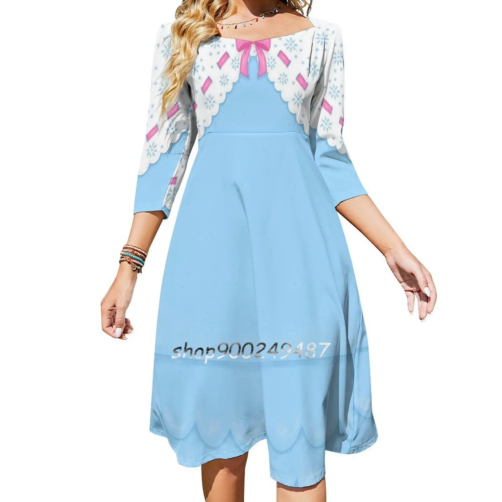 Bo Peep A Line Square Neck Dress New Plus Size Elegant Women Waist Tight Dress Bo Peep Bo Peep Lace Pink Bows Sheep Eyelet