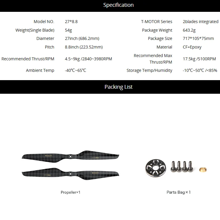 T-MOTOR NS27*8.8 Lightweight Electric Paramotor Propeller Efficient 27inch Prop UAV Drone Accessories