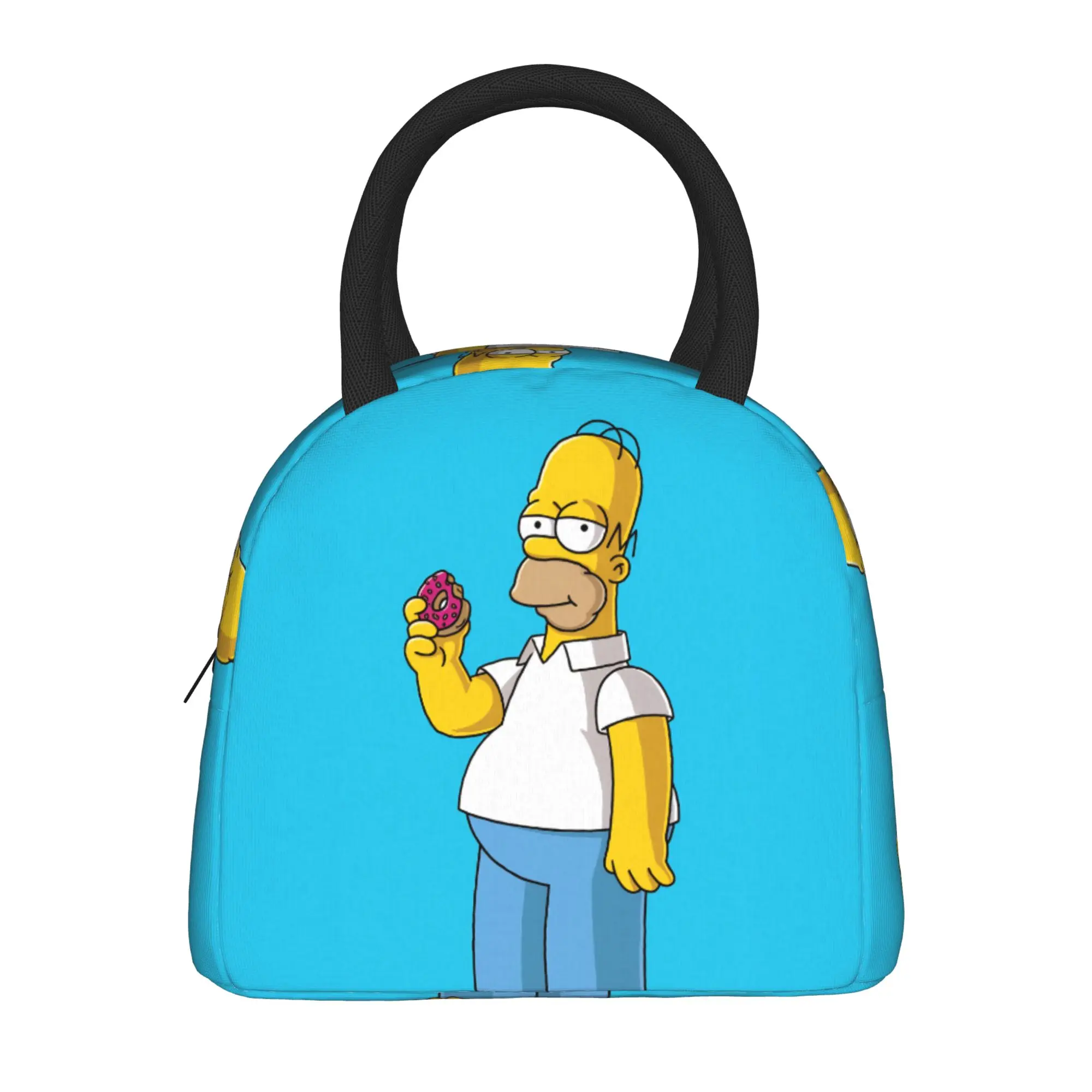 Homer S-Simpsons Holding Pink Donut Lunch Bag School Lunch Box For Child Print Tote Food Bags Oxford Portable Zipper Cooler Bag