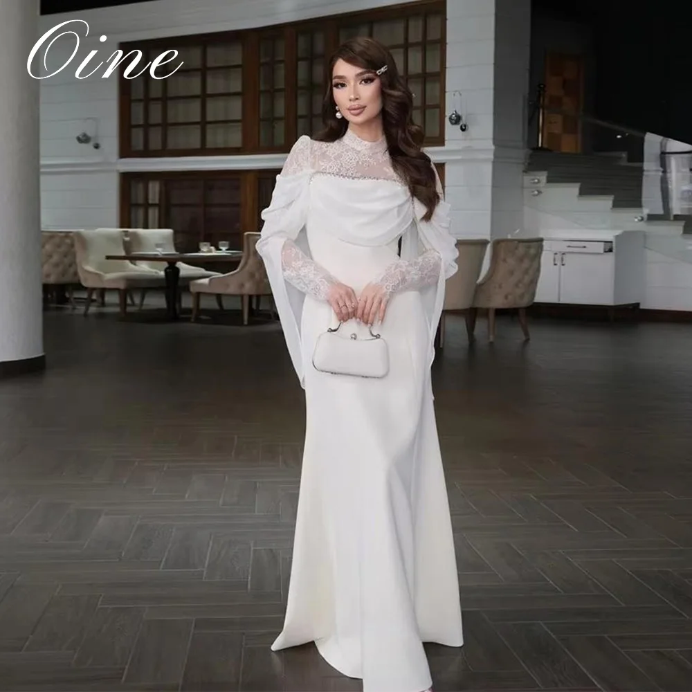 Oine Mermaid Evening Gown High Sheer Lace Mock Neck Ruched Draped Chest Panel Overlaid with Layered Flowy Chiffon robe de soirée