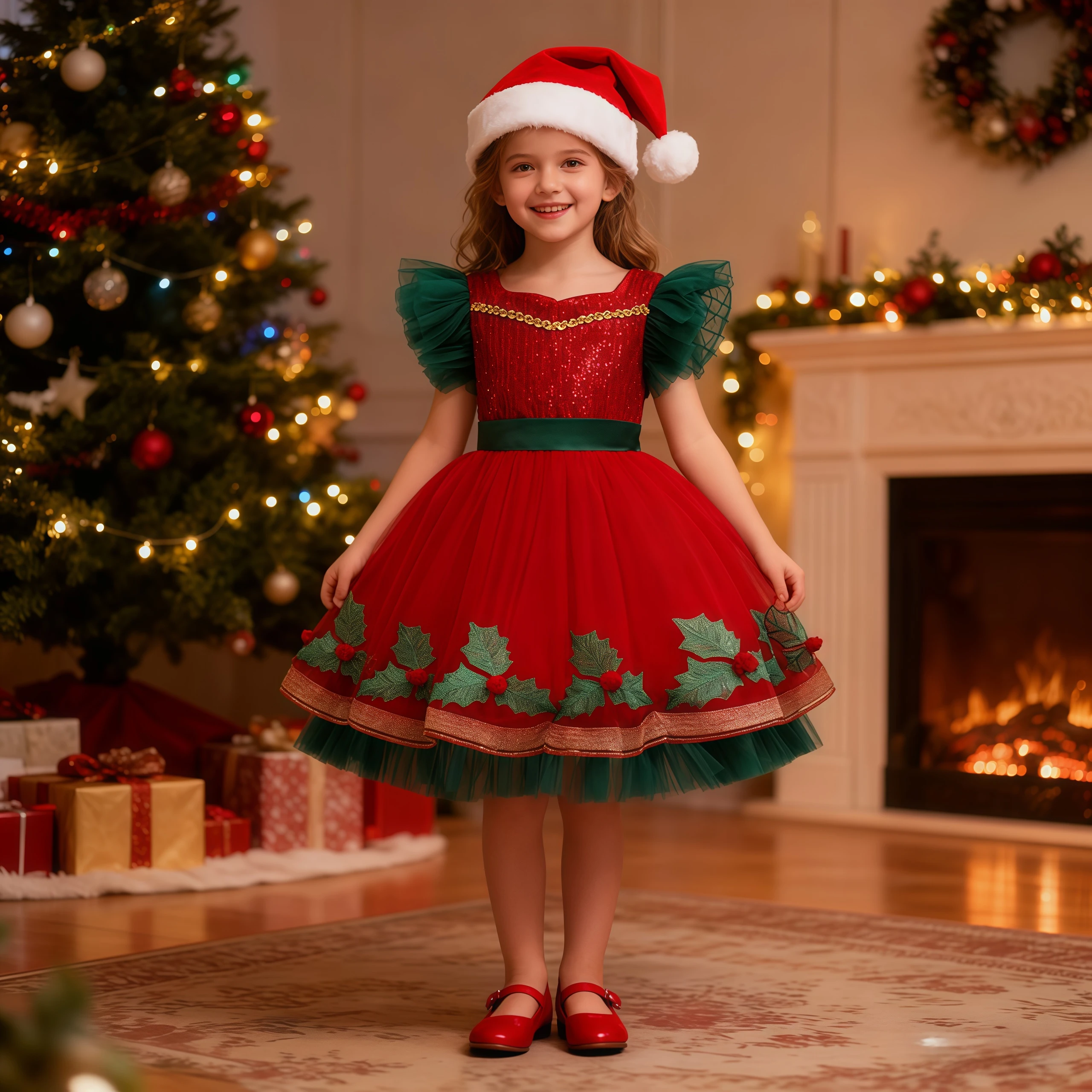 

Kids Christmas Clothing Children Red Sequins Tulle Princess Dress With Santa Hat For Girls Xmas Birthday Party New Year Outfits
