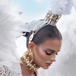 CUIER Top Luxurious White Feather Glass Strass Tiaras Headpiece for Women Crown Drag Queen Huge Size Jewelry For Stage