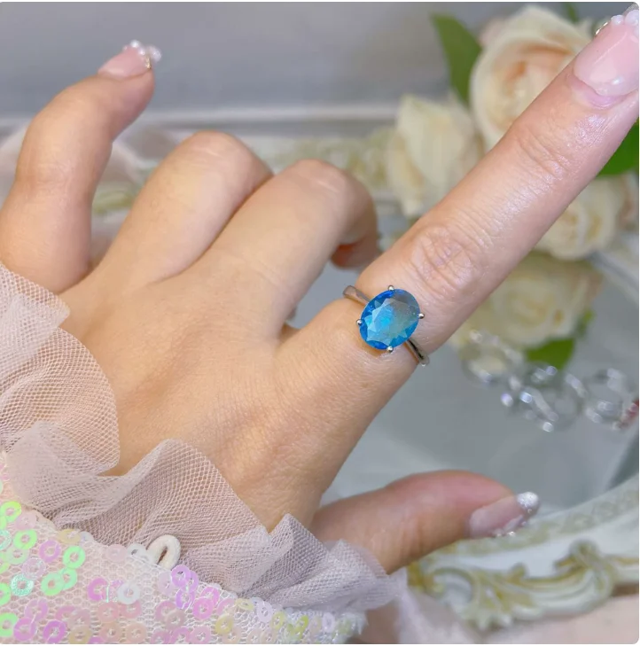 Luxury S925 Sterling Silver Finger Ring For Women Geometric Oval Blue Topaz Wedding Ring Anillo Mujer Gemstone Fine Jewelry Gift