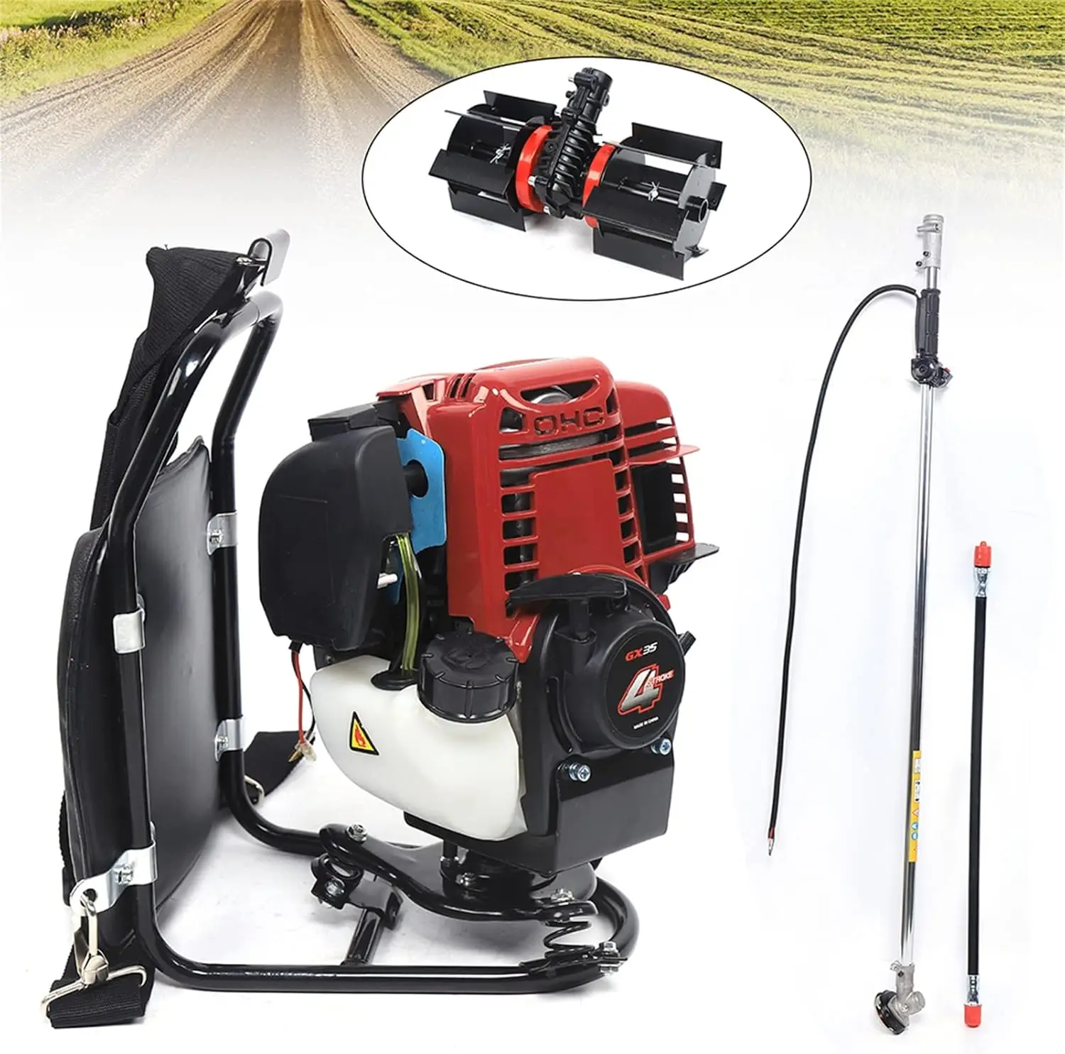 4 Stroke Backpack Brush Cutter, 35.4Cc 3 In 1 Multi-Function Tiller Cultivator Gas Powered Cordless Hedge Trimmer Air-Cooled