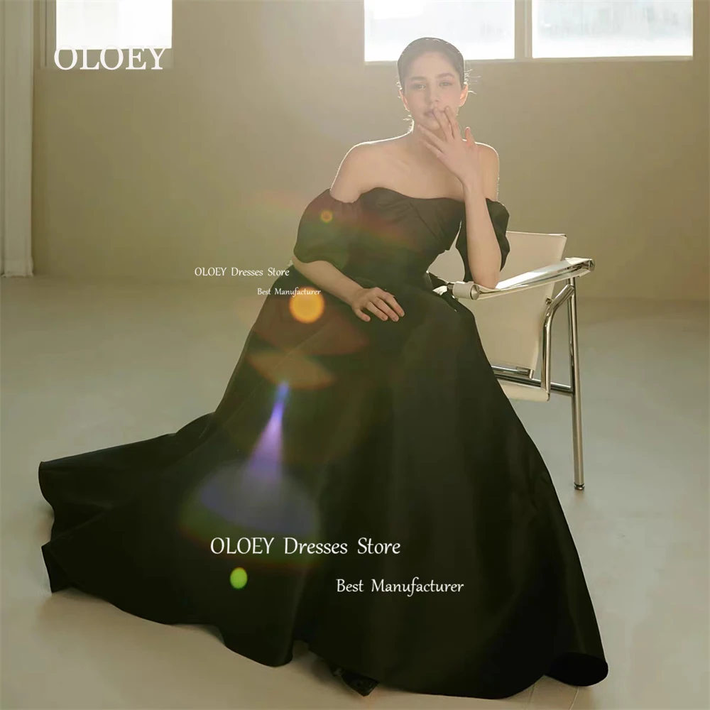 

OLOEY Simple Black Satin Wedding Dresses With Sleeves Korea Photoshoot Bridal Gowns Vestido De Noiva Floor Length A Line Custom