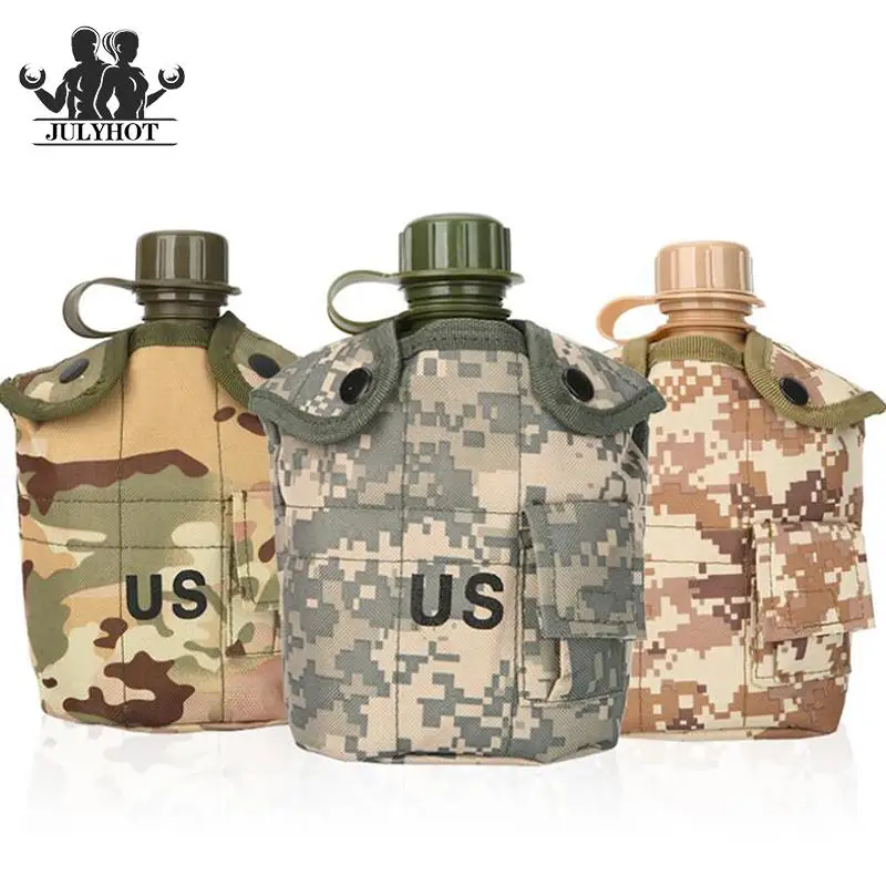 1L Outdoor Water Bottle for Camping Hiking Military Army Canteen with Aluminum Cooking Cup Kettle Pouch Picnic Tableware Travel