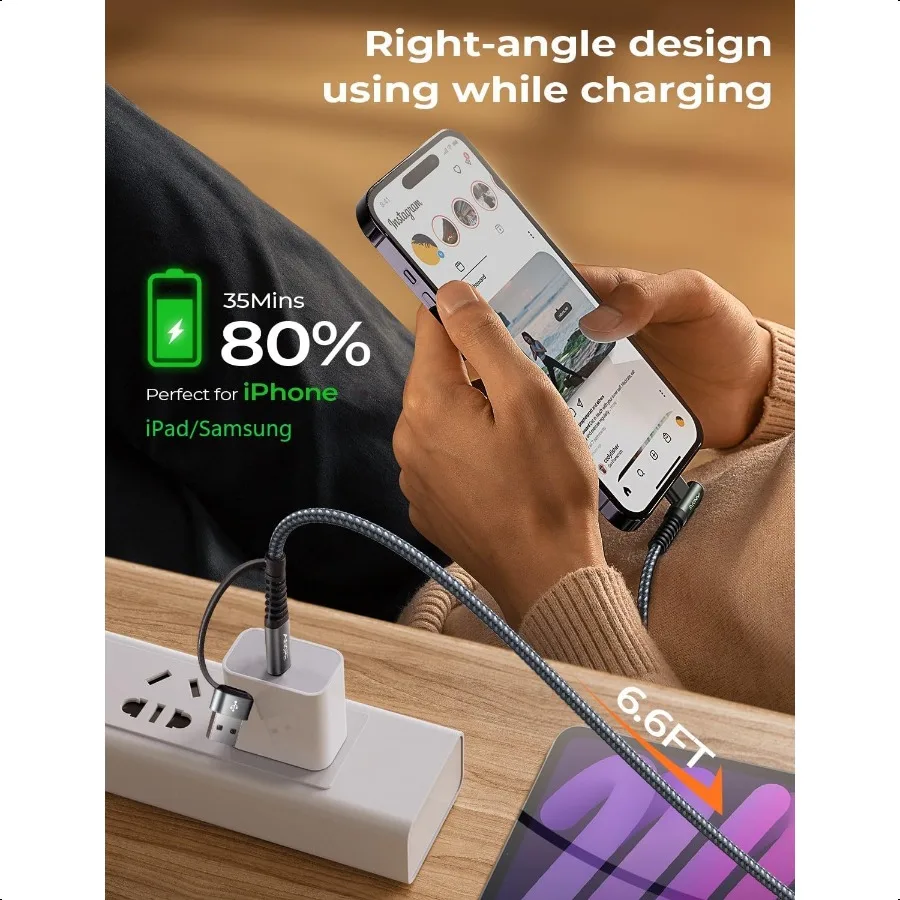 كابل USB C مع محول USB إلى USB C لشاحن iPhone 15 17X60W شاحن من النوع C كابل شحن سريع لجهاز iPad 2 6.6FT Right Ang