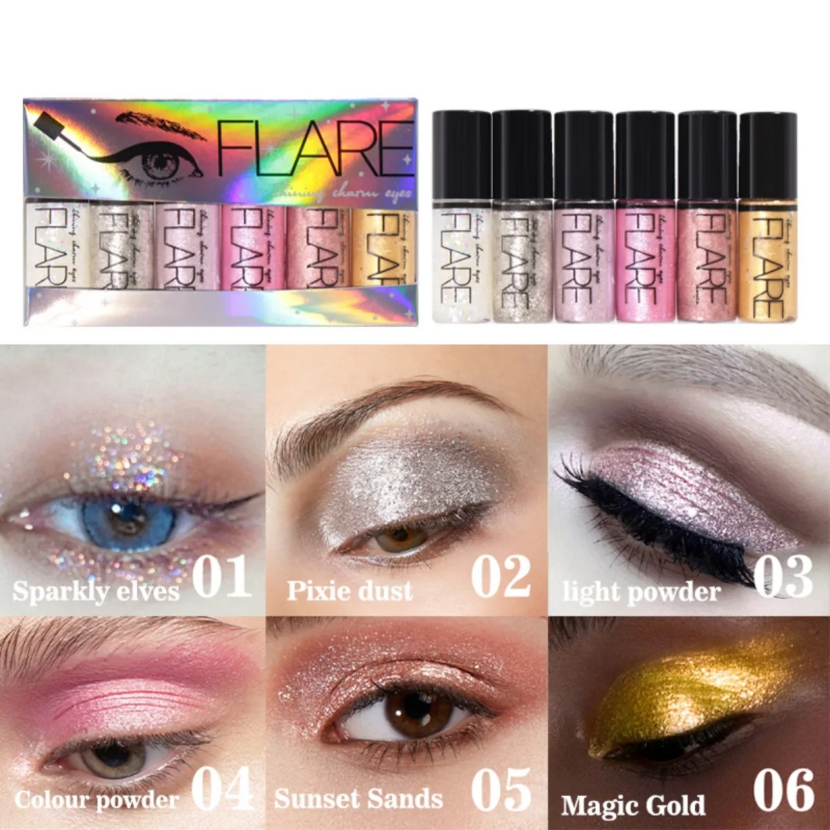 6PCS/Set Glitter Liquid Eyeshadow Pearlescent Sequins Diamond Bright Shining Eyeliner Waterproof Lasting Eyeshadow Cosmetics