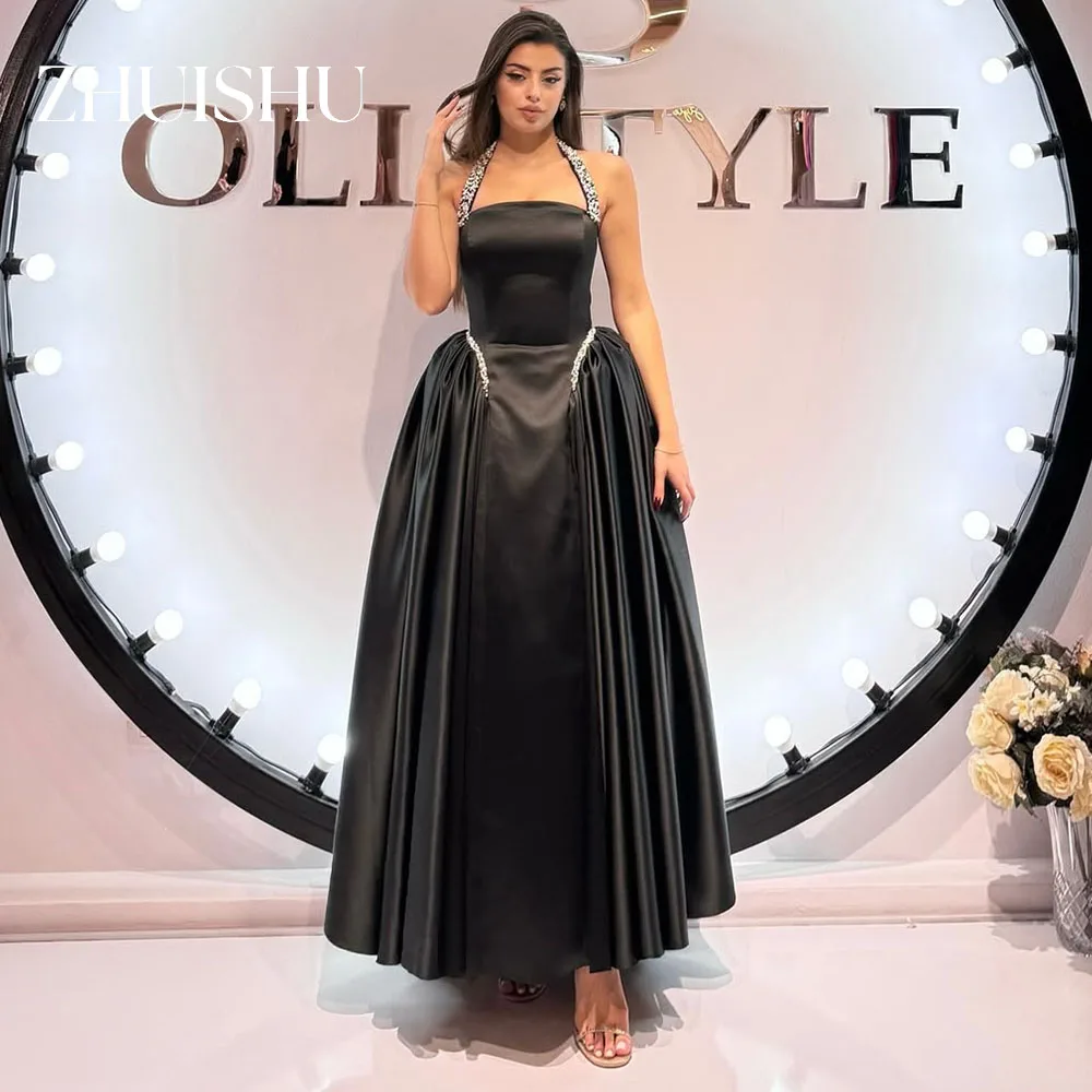 

ZHUISHU Black Customized Prom Dresses Halter Beading Draped Evening Gown Patchwork Formal Event Dresses Party Gown for Lady