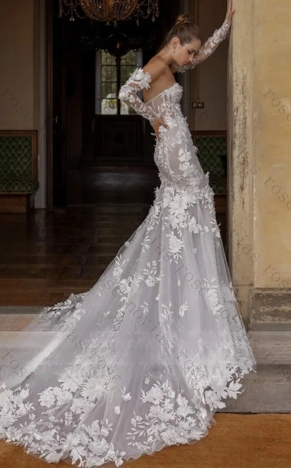 Customized Strapless Off Shoulder Removable Long Sleeve Mermaid Wedding Dress Floral Appliques Sparkly Chapel Train Bridal Dress