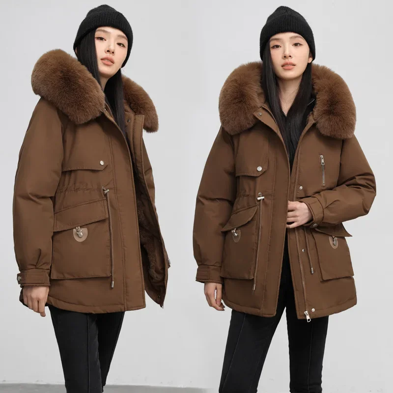 Parka de veludo espessa para mulheres, comprimento médio, colarinho de pele grande, jaqueta de algodão justa, novo estilo, 2024