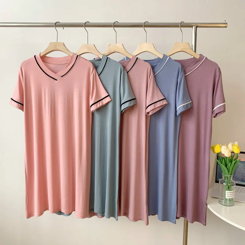 V-Neck Dress Contrast color Plus size summer women's homewear dresses short sleeves fashion comfort sleepdress all match