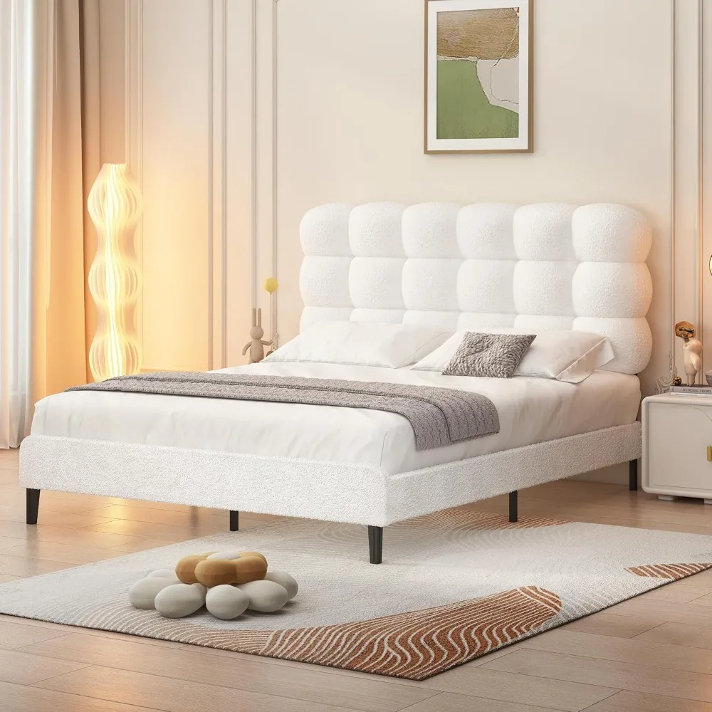 Bed Frame with Upholstered Headboard, Platform Bed with Strong Wooden Slats Support, Two Bed Forms Design