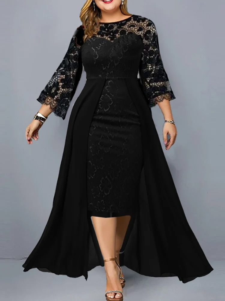 Plus Size Party Dresses for Wedding Guest Women's 2024 Spring Summer Long Sleeve Lace Floral See Through Elegant Bodycon Dress