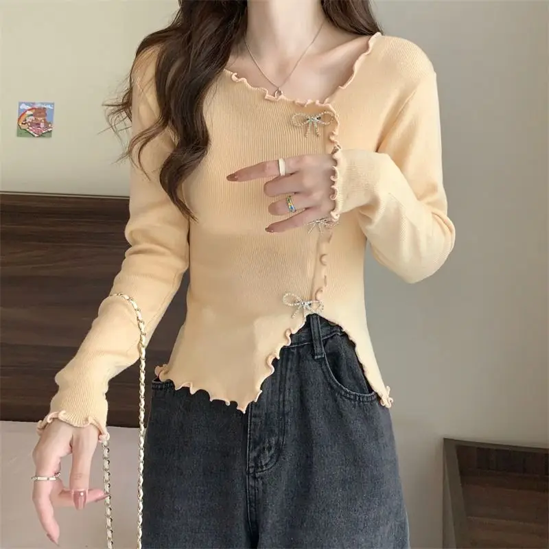 

Korean Sle ort Knitted Base irt Women's Autumn Design Irregular Inner Wear Top Winter Season Ci Walk Coolmax Fabric