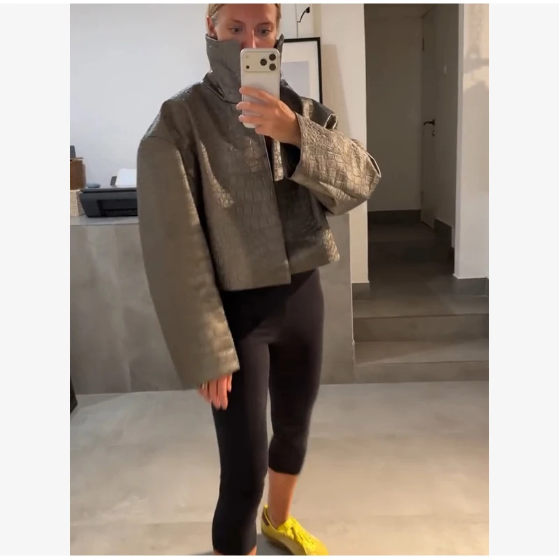 Women's Crocodile Pattern Short Leather Jacket Retro High Collar Zipper Loose Long Sleeve Jackets Lady Street Daily Wear 2026