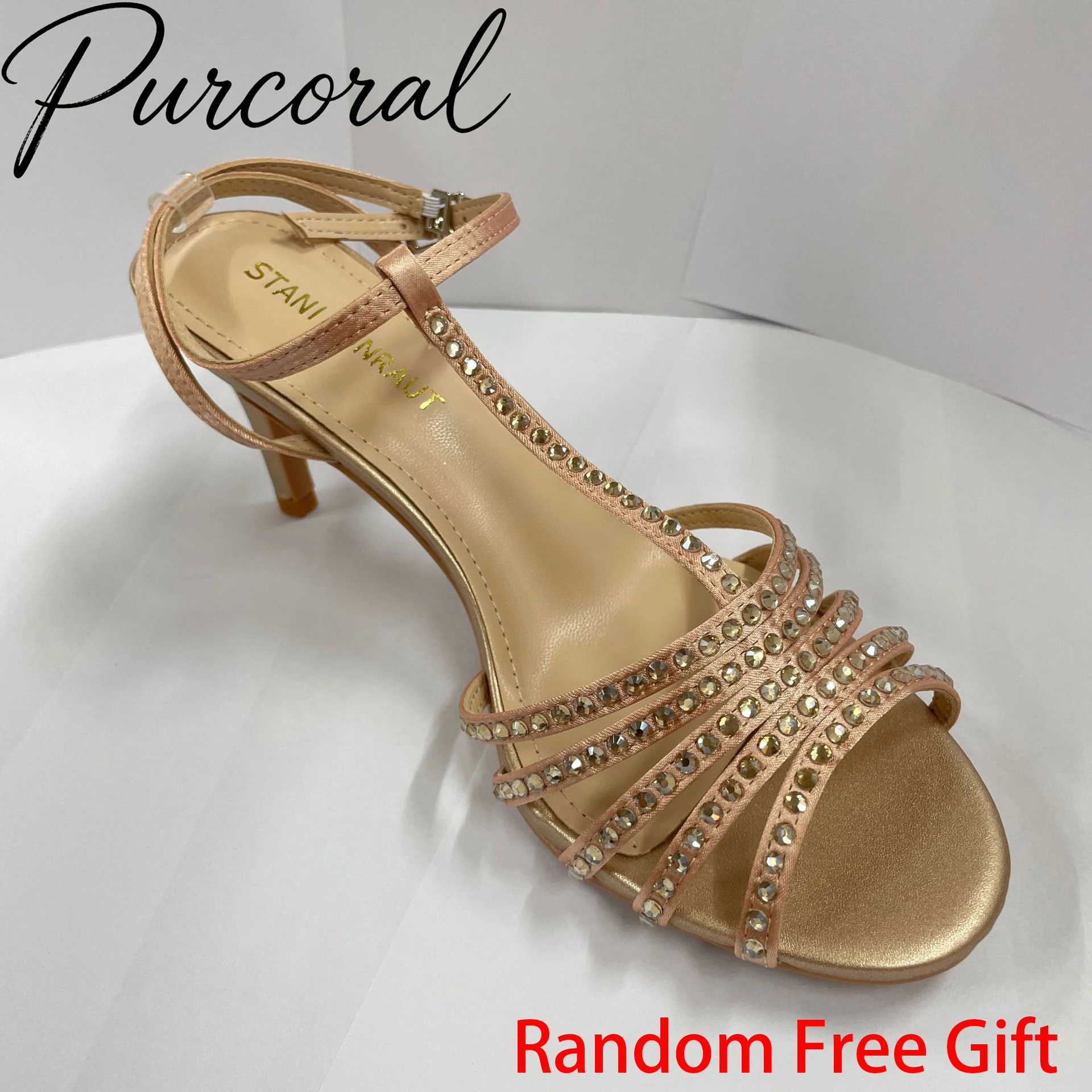 

Random Free Gift Champagne Crystal Rhinestone T Strap Heels Women Satin Ankle Strap Stiletto Sandals Wedding High Heels