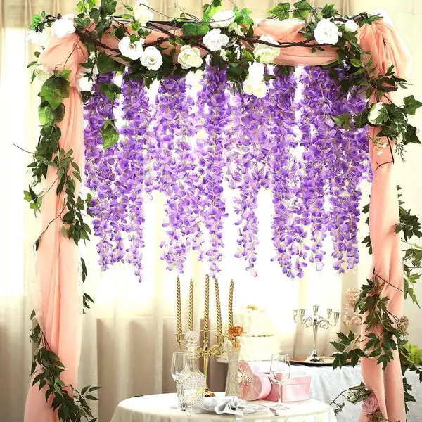 24 Stück künstliche Glyzinien-Blumen, Hängegirlande, gefälschte Efeu-Rebe-Blumenschnur für Bogen, Hochzeit, Party, Zuhause, Raumdekoration, Blume – Detail 6