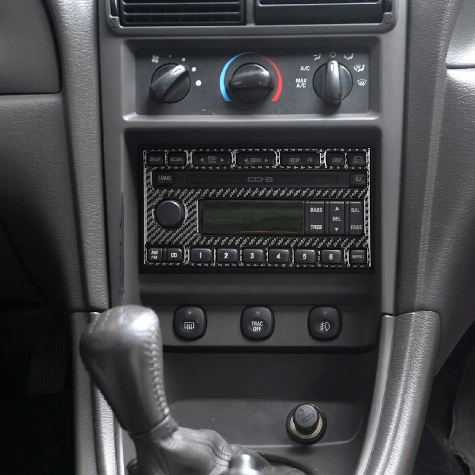 ألياف الكربون الحقيقية اكسسوارات السيارات مركز وحدة التحكم راديو غطاء لوحة ملصق لينة لفورد موستانج 4th الجنرال 2001 2002 2003 2004 #2