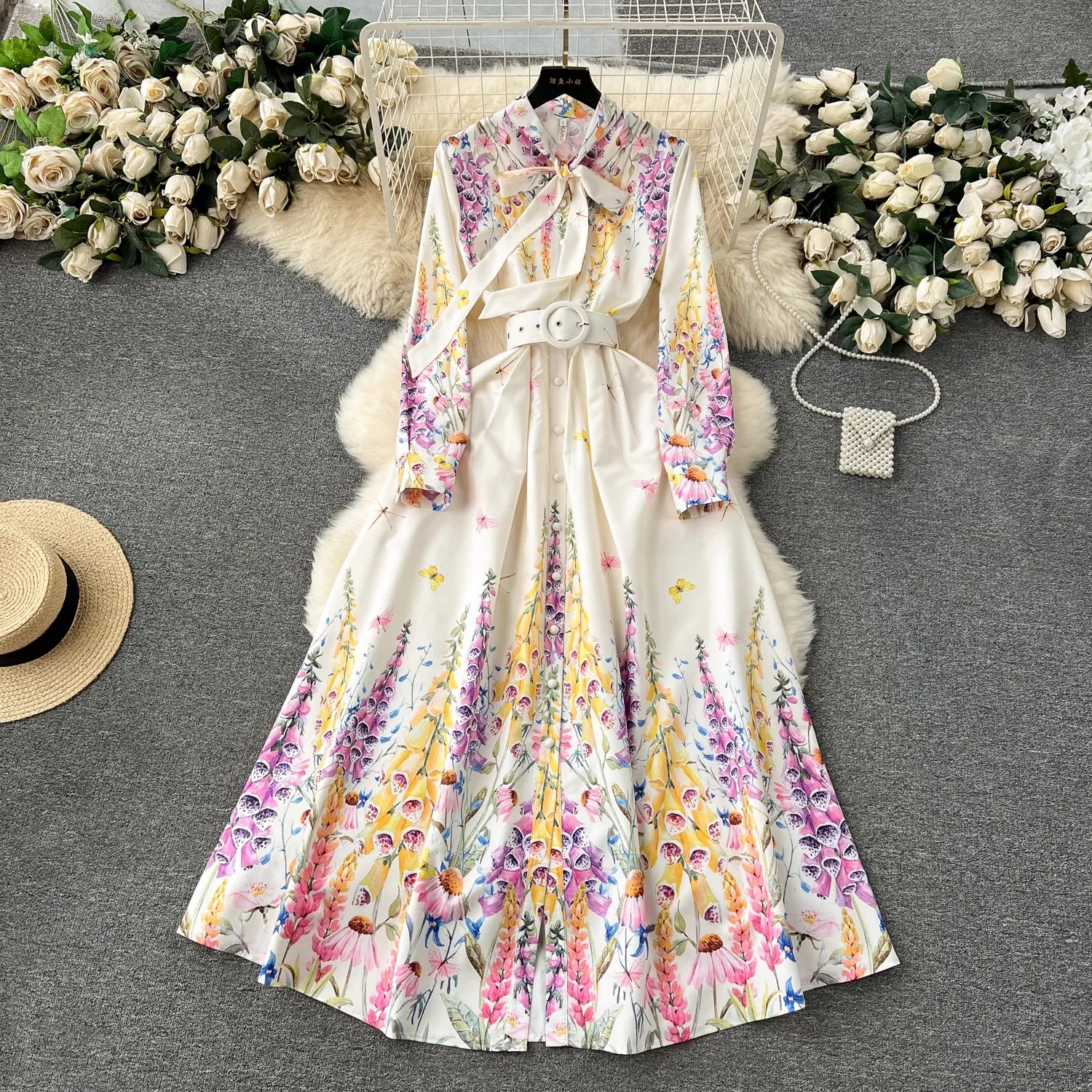 

Summer Holiday Lavender Flower Dress Women Bow Collar Long Sleeve Floral Print Belt Single Breasted Belt Long Robe Vestidos 6239