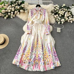 Summer Holiday Lavender Flower Dress Women Bow Collar Long Sleeve Floral Print Belt Single Breasted Belt Long Robe Vestidos 6239