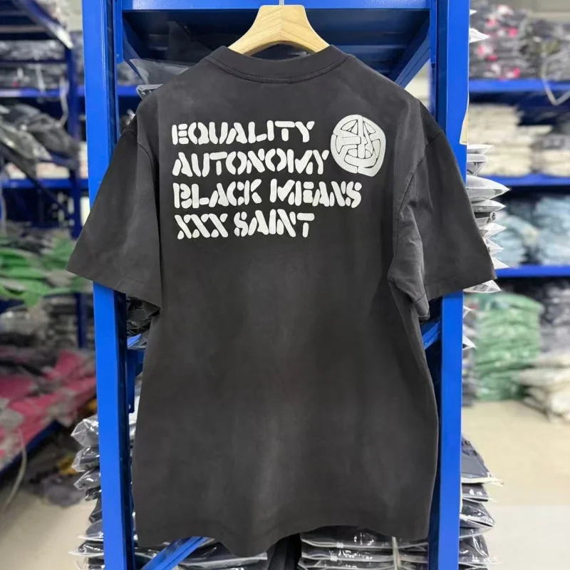 Men Black Peace Print T-Shirt Washed Gothic Punk Grunge Y2K Oversized Tee