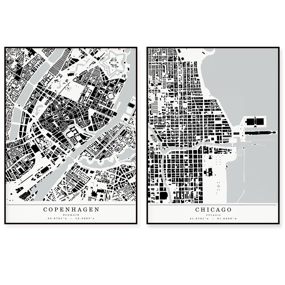 Barcelona, Rome map, Copenhagen city, Chicago city map canvas print poster, map poster