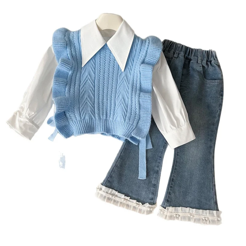 2025New Style Girls' Spring Outfit Fashionable Autumn Knitted Vest Shirt Jeans Three-Piece Set