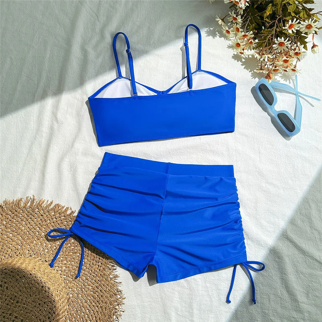 Geknitterte, geknotete Shorts, Bikini mit hoher Taille, Damen-Badeanzug, zweiteiliges Bikini-Set, Badebekleidung, Badeanzug, Schwimmanzug V6197 – Detail 27