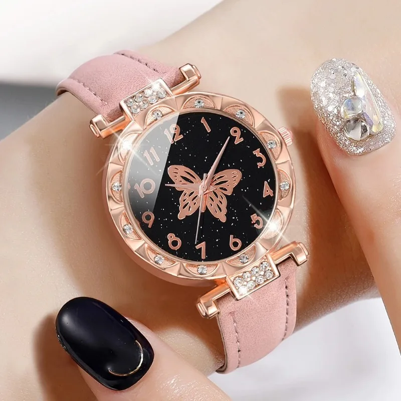 6PCS/Set Women\'s Elegant Butterfly Quartz Watch PU Leather Wrist Watch Arabic Numeral Surface & Pearl Jewelry Set