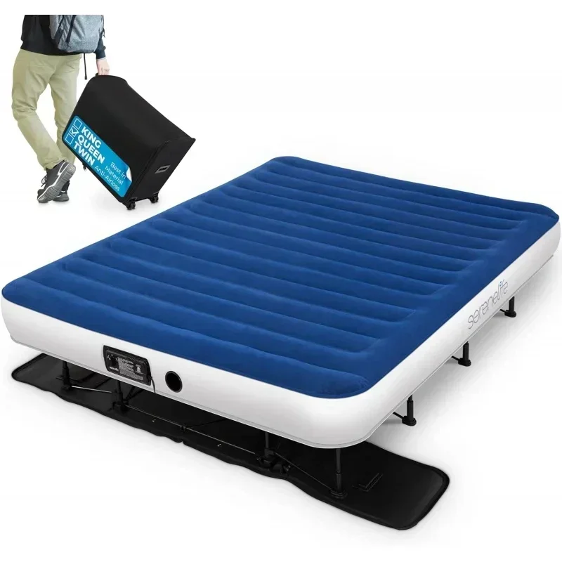 Bed air mattress with frame & rolling case, self-inflating airbed with built in pump for travel and hosting,