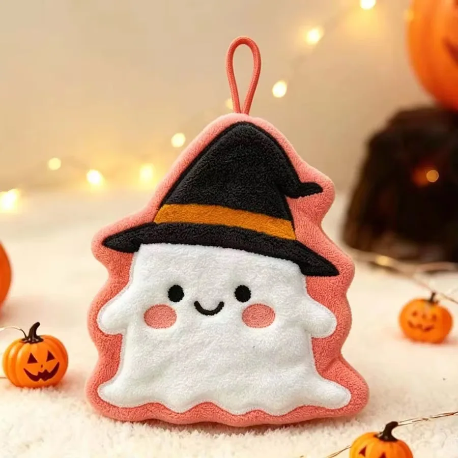 Cute Halloween Hanging Hand Towel Ghost Pumpkin Witch‑Hat Bat Design Absorbent Coral Fleece Towel Kitchen Bathroom Home Decor
