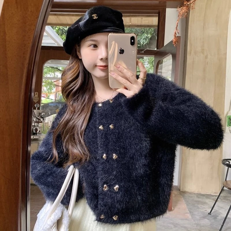 Imitation mink knitted cardigan, sweater, jacket, women\'s spring and autumn wear, short new European goods, thin and outerwear