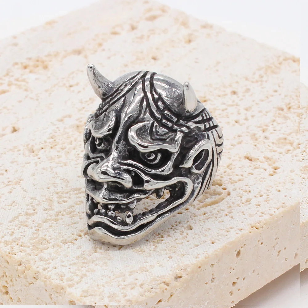 Gothic Demon Skull Mask Ring For Men Punk Hip Hop Japanese Demon Samurai Stainless Steel Biker Skull Rings Fashion Jewelry Gift