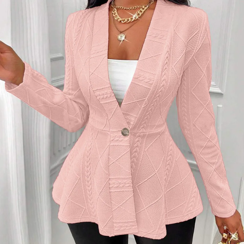 Fashion Women Blazer Jacket Autumn Slim Fit Single Button Long Sleeve Jacquard Texture Outerwear Chic Office Lady Top