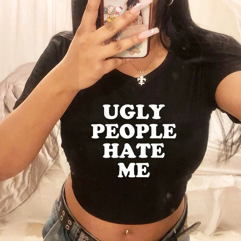 Camiseta Ugly People Hate Me para mujer, camiseta Harajuku Sassy para bebé Y2k ropa gótica Grungeop corto divertido