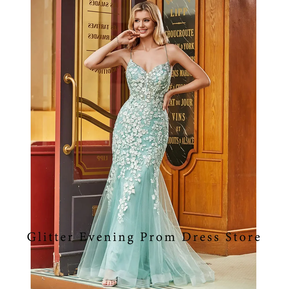 Fashion Sexy Prom Dresses For Women V-Neck Backless Tulle Mermaid Appliques Lace Up Custom Made Birthday Evening Party Grows