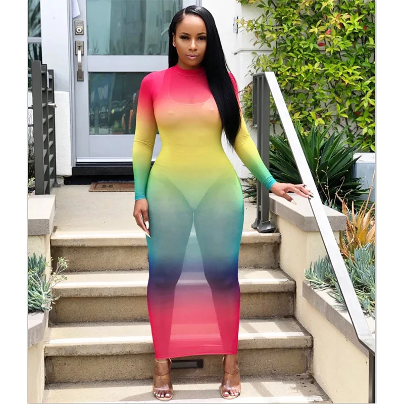Robe transparente à imprimé arc-en-ciel pour femmes, document nickel é, manches longues, col rond, robes de club sexy pour dames maigres