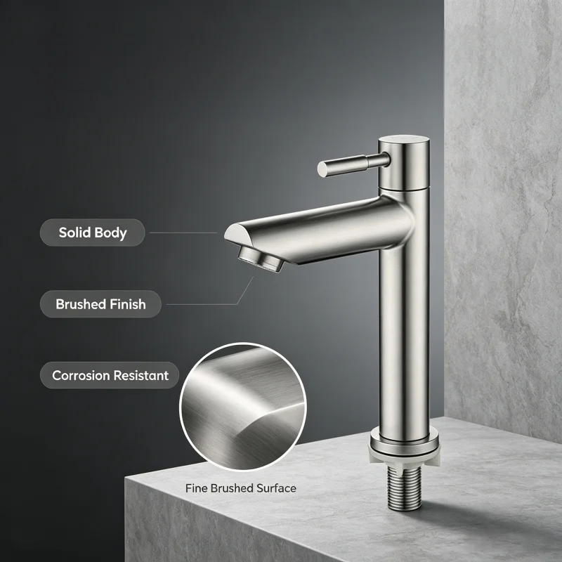 304 Stainless Steel Basin Faucet Single Cold Water Tap, Deck Mounted Tall Raised Extended Sink Tap, Matte Black / Silver
