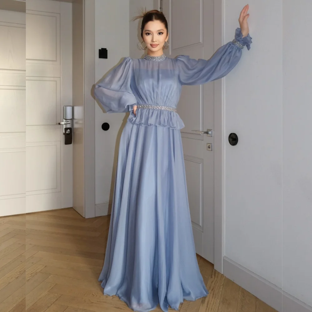 Customized Exquisite Chiffon Pleat Draped Beading Sequined A-line High Collar Long Dresses Bespoke Occasion Dresses Elegant