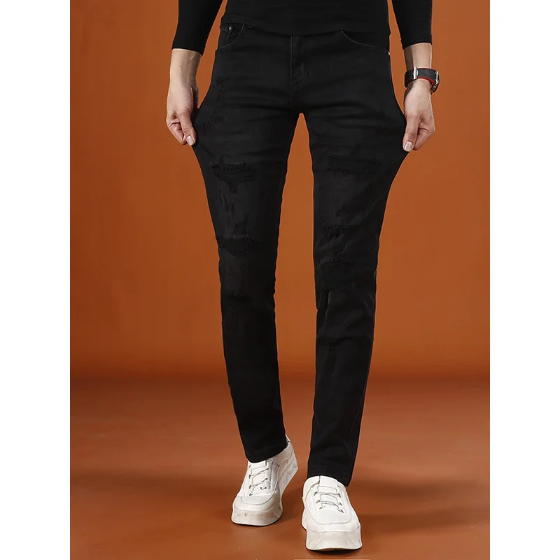 

small footed black pants men 2025 new high-end stretch trendy street cool ripped jeans