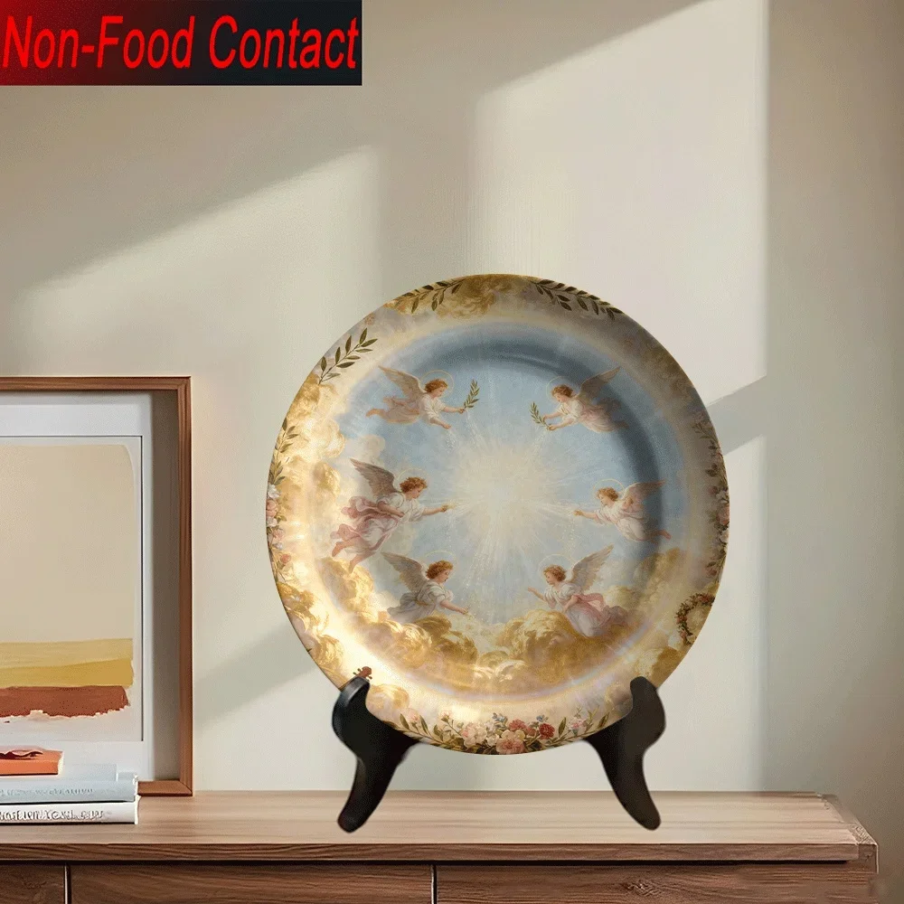 1pc Ceramic Decorative Plate Suitable for Home Decor - Ornate Angel, Dove & Olive Branch Round Wall/Table Plate, Religious Art