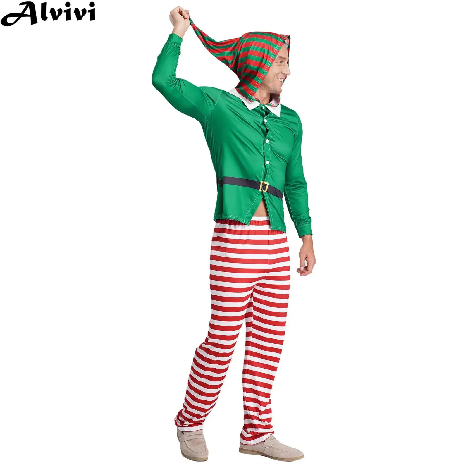 Men Christmas Elf Pajamas Party Costume Long Sleeve Hooded Top with Striped Pants Xmas Eve Holiday Carnival Cosplay Clothes