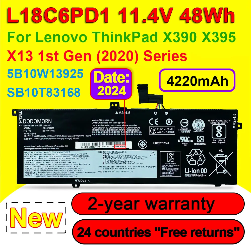 L18C6PD1 For Lenovo ThinkPad X390 X395 X13 1st Gen(2020) Series Laptop Battery L18M6PD1 L18D6PD1 SB10T83168 5B10W13925 4220mAh