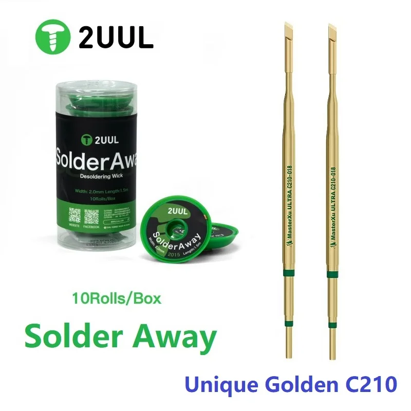 

2UUL DW11 Desoldering Wick Wire 10Rolls/Box and MasterXu Premium C210 Soldering Tips For PCB IC BGA CPU Solder Removal