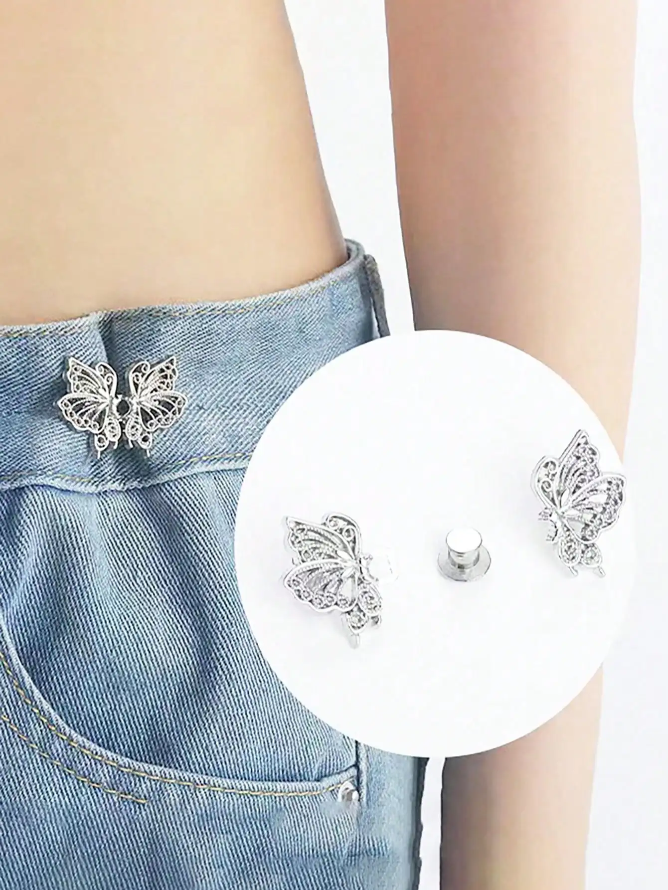 

2Pcs Fashion Waist Tightening Clips, Butterfly Rhinestone Metal Button Hooks, Reusable Clothing Fasteners