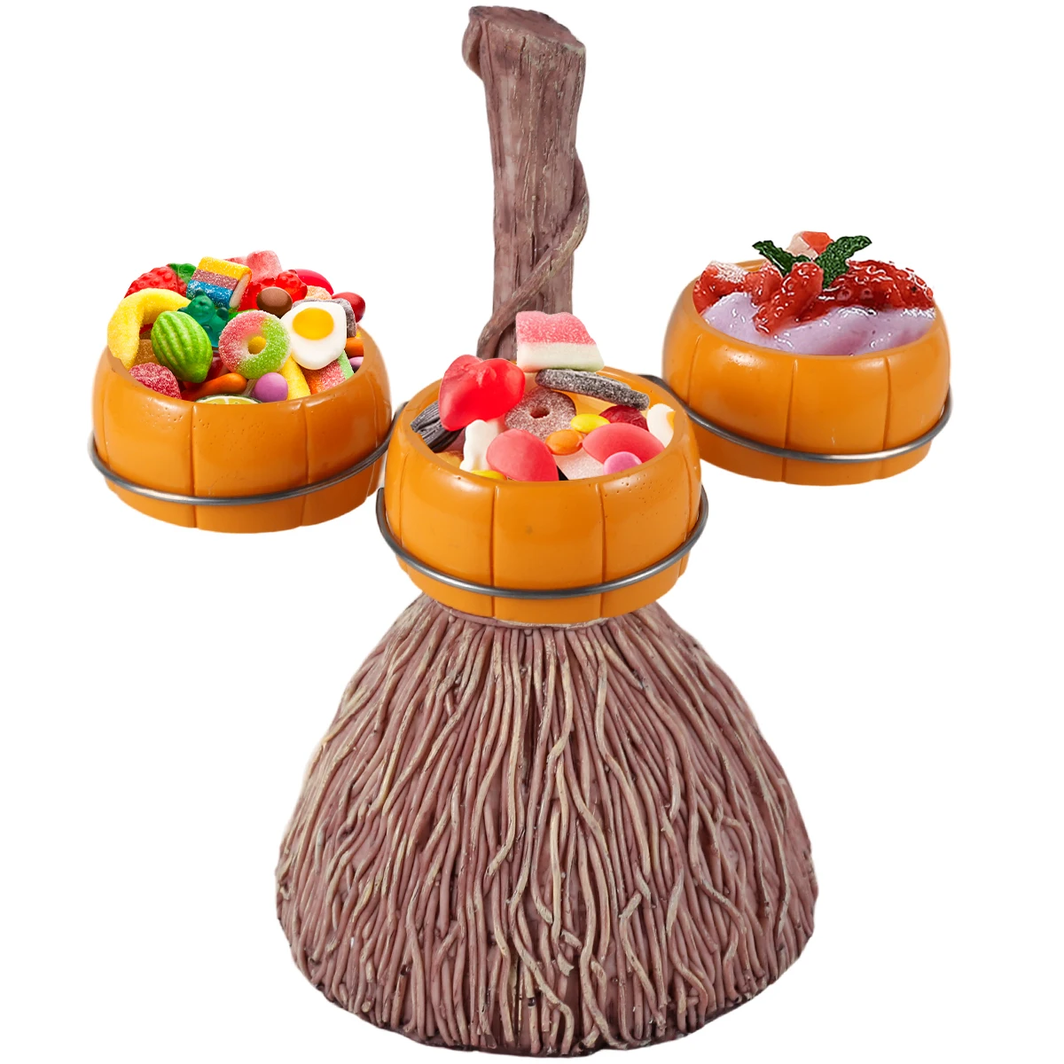 Pumpkin Bowl Stand Broom Pumpkin Snack Plates Rack Halloween Witches Broom Dessert Display Tray with 3/4/6 Bowls Halloween Party